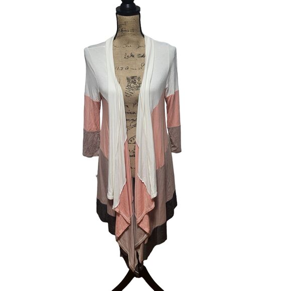 Flamingo striped hi-low cardigan long sleeves pink, white, tan, brown, size s - Picture 1 of 4